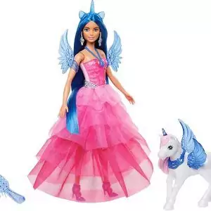 Barbie Um Toque de Mágica, Boneca Safira Edição Especial do 65º Aniversário da Barbie com Cabelo Azul, Acessórios e 1 Alicórnio (Unicórnio Alado)
