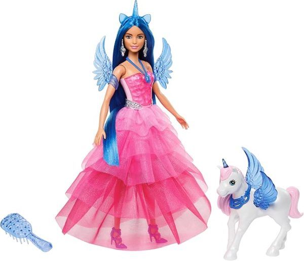 Barbie Um Toque de Mágica, Boneca Safira Edição Especial do 65º Aniversário da Barbie com Cabelo Azul, Acessórios e 1 Alicórnio (Unicórnio Alado)