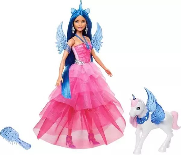 Barbie Um Toque de Mágica, Boneca Safira Edição Especial do 65º Aniversário da Barbie com Cabelo Azul, Acessórios e 1 Alicórnio (Unicórnio Alado)